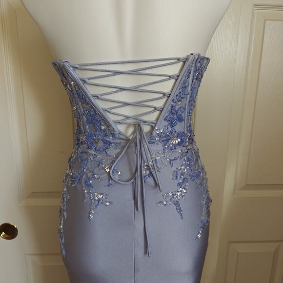 Amelia Couture periwinkle embellished strapless high low gown sz 2 - Picture 9 of 10